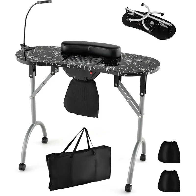 Portable Nail Table, Foldable Nail Technician Desk w/Electric Dust Collector, Bendable LED Lamp, Removable Armrest Pad