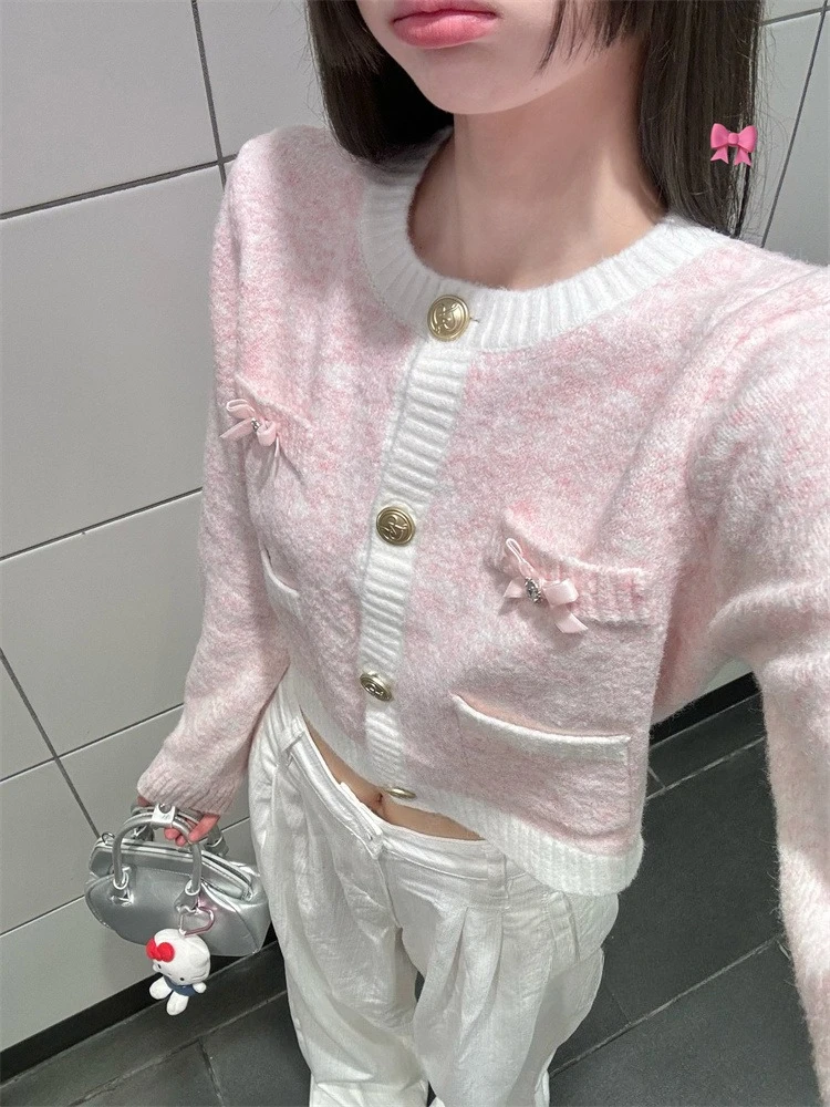 Sweet Style Pink Short  Knitted Cardigan for Women Autumn Stylish Slim Pocket Knit Long Sleeved Jacket Contrast Color Ropa Mujer