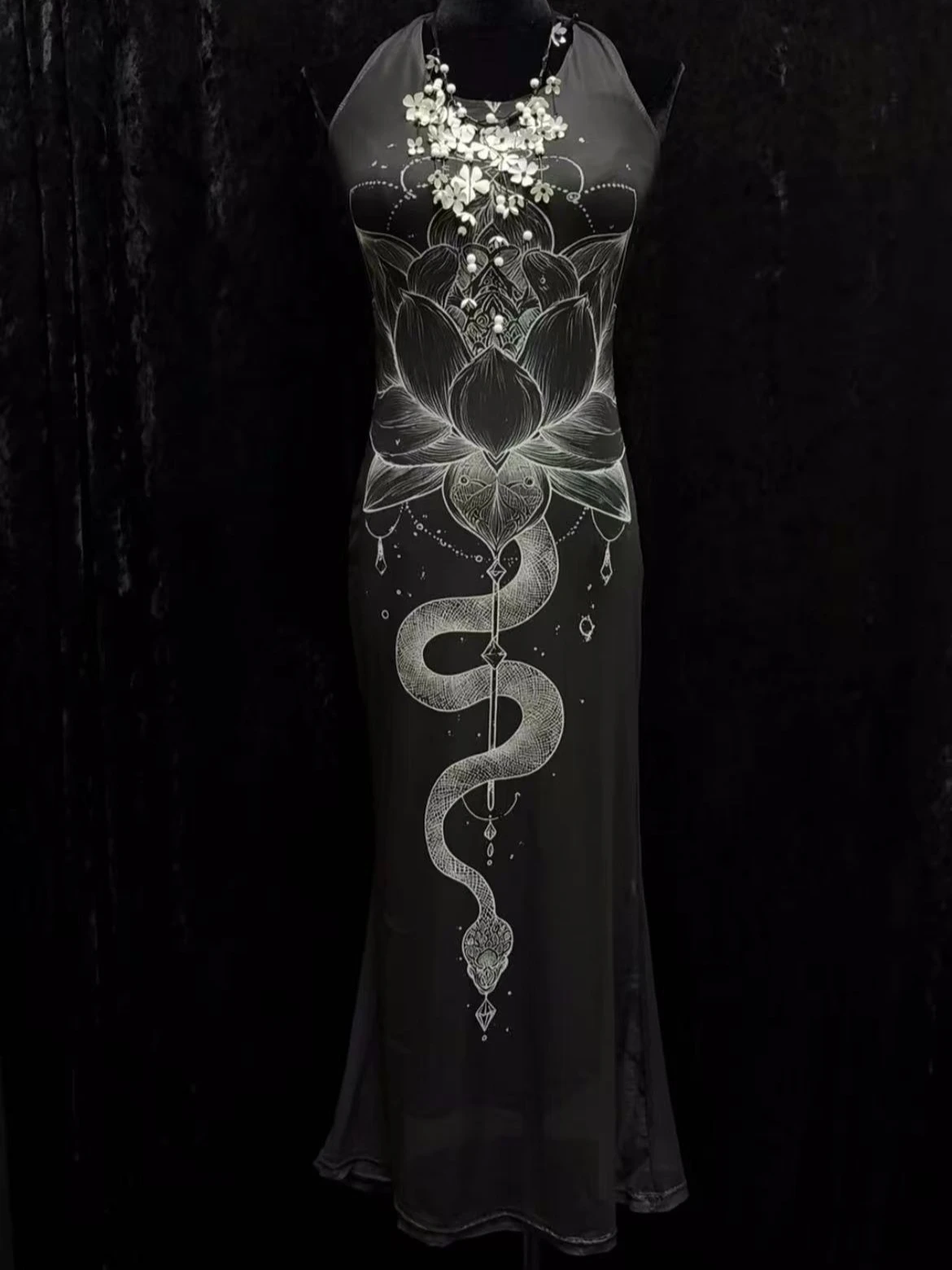 Backless Midi Dress for Women Snake Lotus Totem Print Bodycon Slim‑Fit Gothic Dark   Y2K Alt Aesthetic Party Casual Long Dresses