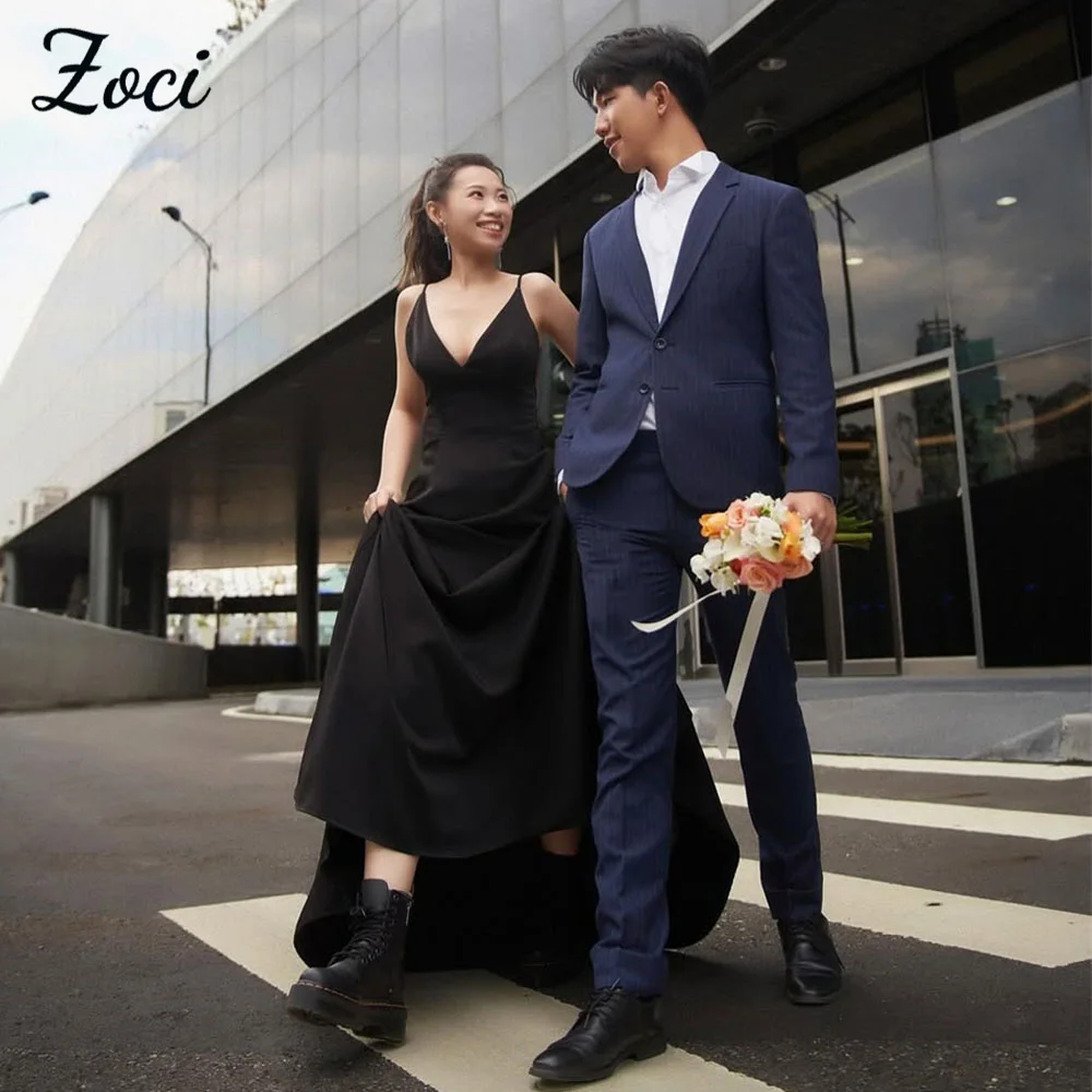 

Zoci Simple V Neck Black Korea Wedding Dresses Photos Shoot Spaghetti Straps Dress Customized Sexy Floor A Line Bridal Gown