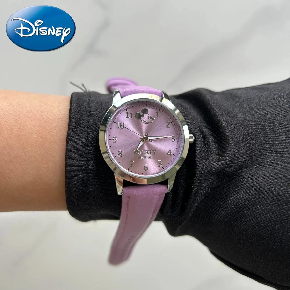 Relógio de quartzo mickey feminino da disney, roxo, cor da sorte, estudante, impermeável, presente para crianças, caixa incluída