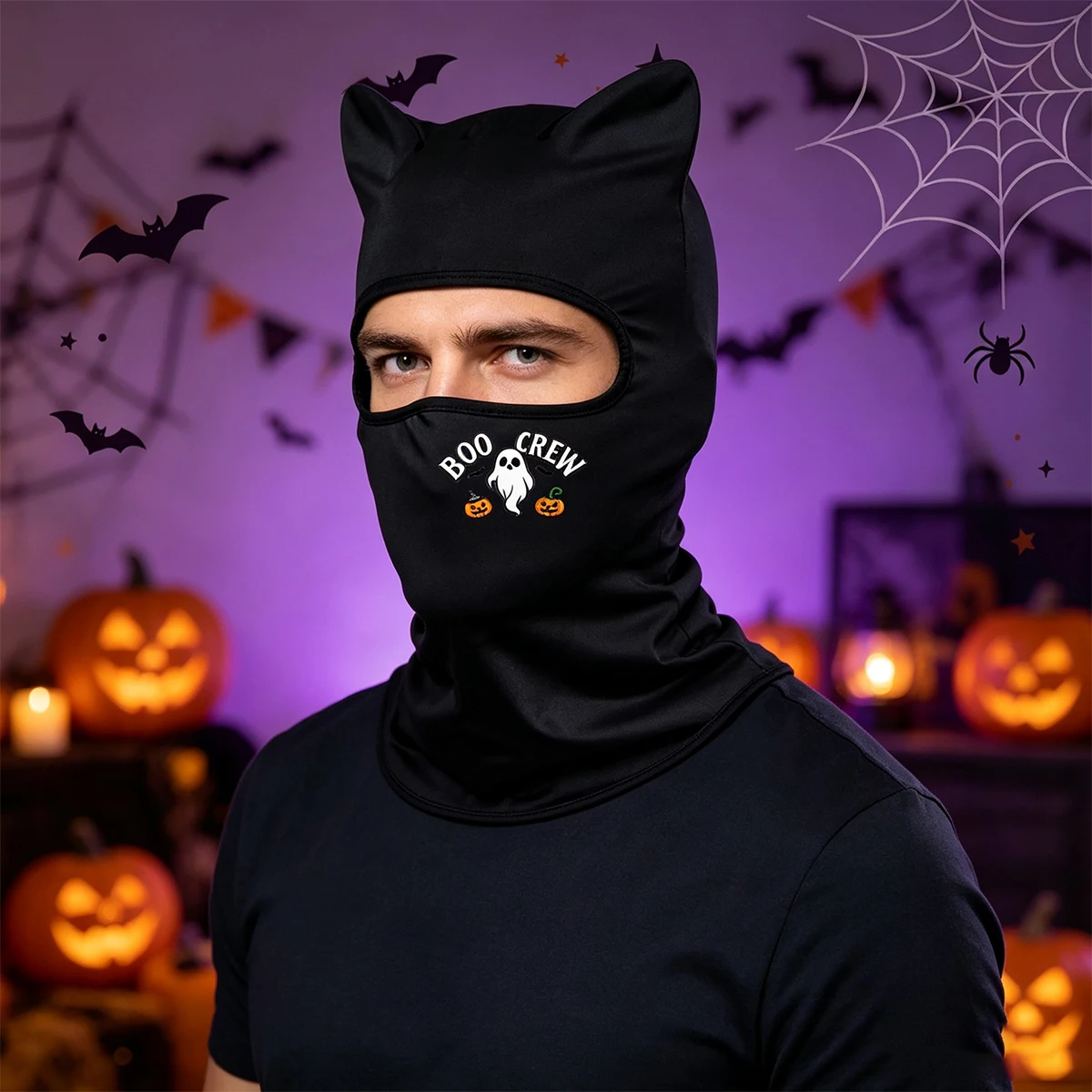 Halloween Cat Ear Balaclava Face Mask, BRO CREW Print Design,Lightweight Stretchy Full Head Neck Cover, Ski Mask Halloween Party
