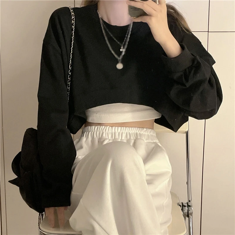 Spring Autumn Women's Crop Tops Long Sleeves Sweatshirts Loose Fit Pullover Solid Color Cropped Hoodies Casual Versatile Top