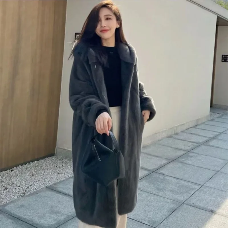 Mink Hooded Medium Long Winter New Mink Jacket with National StyleThickened with Hat Fluff Autumn Winter Anti-season Clearance