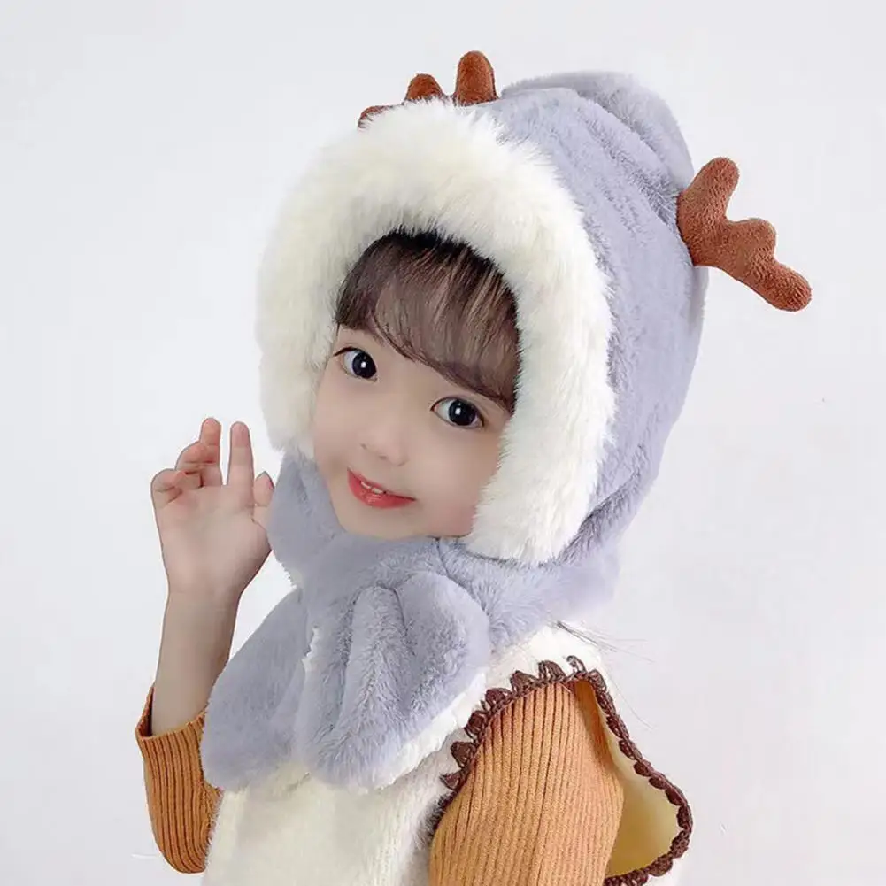 

Baby Hat Winter Warm Thickened Plush Antler Design Windproof Temperature-Locking Soft Baby Outdoor Cap with Scarf Design