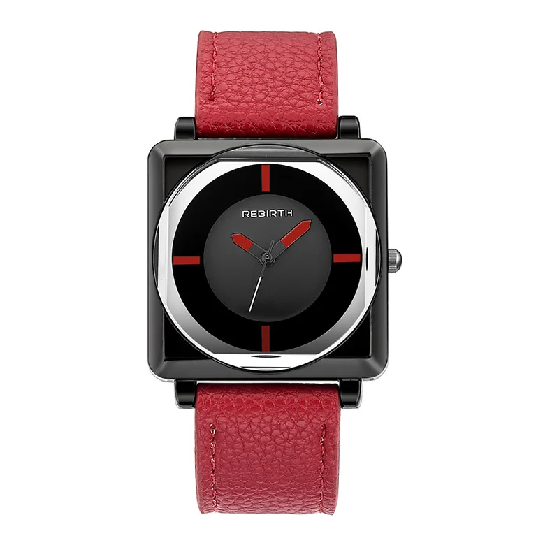 REBIRTH 116 L Women's Quartz Watch Fashionable and Unique Square Pointer Waterproof Leather Strap Wristwatch