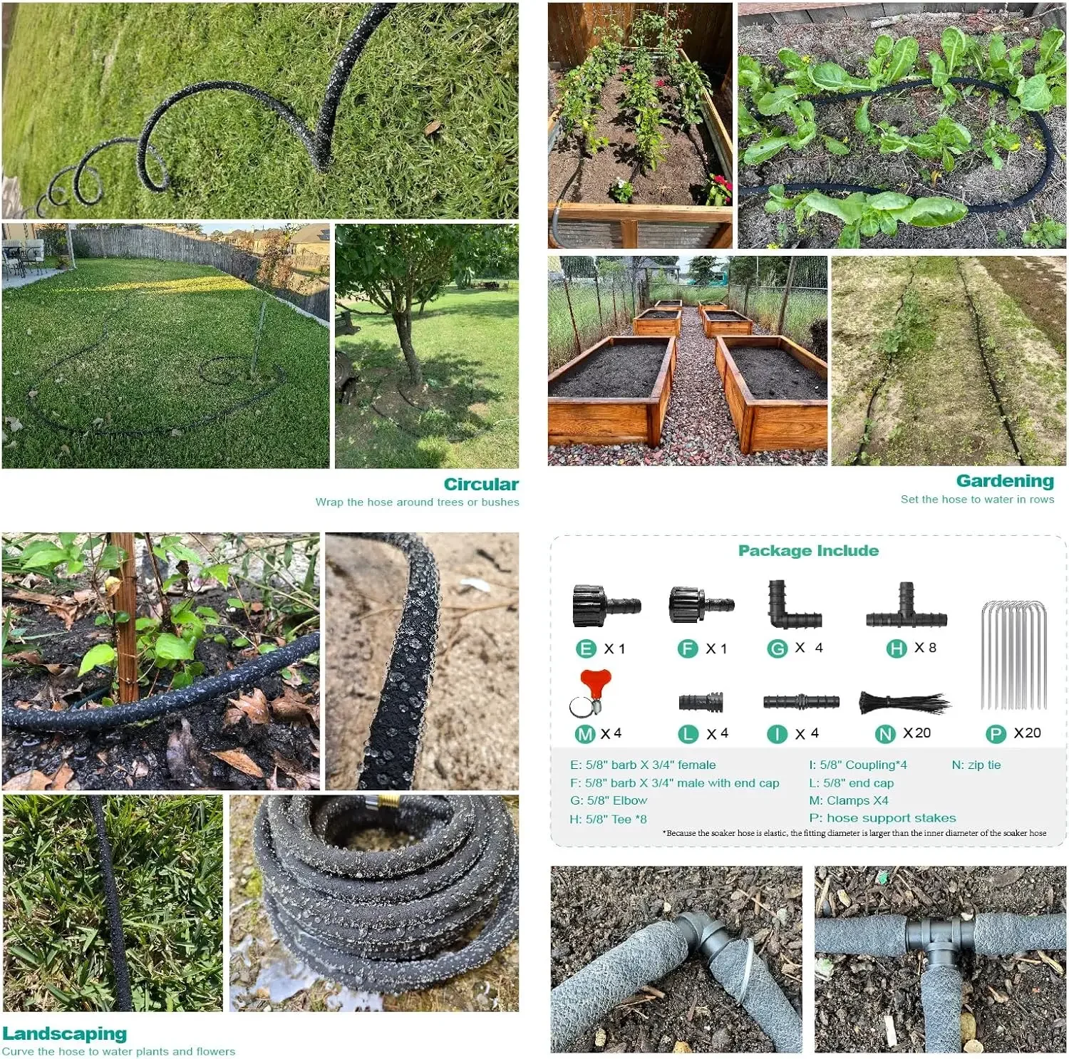 Manguera Soaker de 150 pies, Conector de latón macizo de 1/2 pulgadas, manguera redonda resistente para jardín, Kit de manguera de riego con agujeros