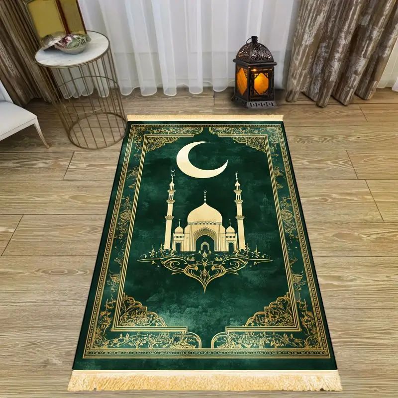 VIKAMA Dark Green Gilded Mosque Arch Worship Blanket Wear-Resistant And Portable Home Worship Mosque Pilgrimage