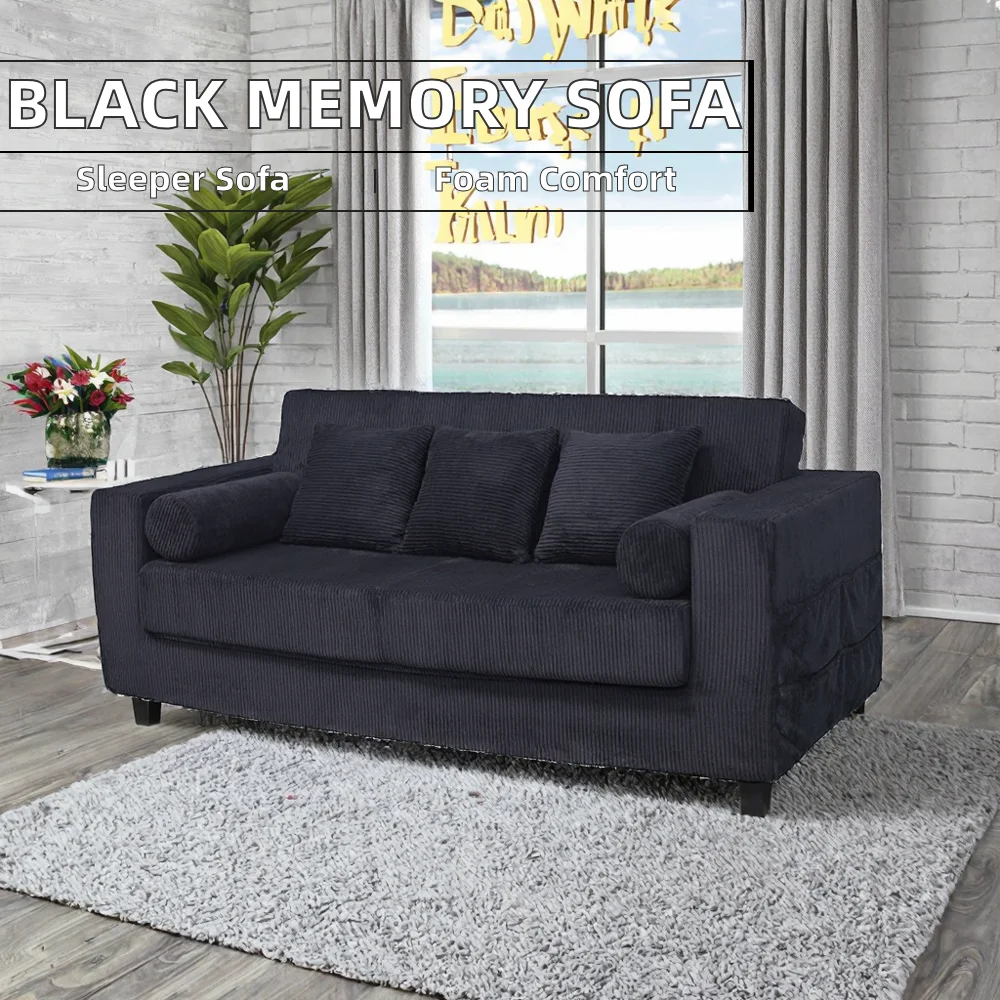 Black convertible sofa bed, 3 seats, memory sponge, corduroy cover, modern style, suitable for hotels, villas, living rooms
