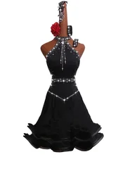 Latin Dance Competition Dress New Performance Dress High-grade Black Chinese Sexy Fishbone Curling Skirt