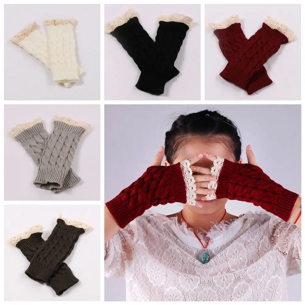 Half Finger Twists Lace Gloves Winter Warm Knitted Wool Gloves For Women's Korean Simple Sweet Short Gloves Mittens