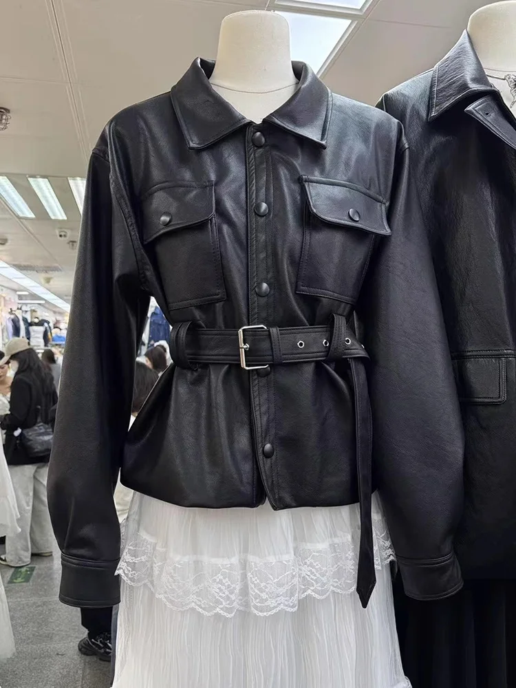 Modieus veelzijdig dames biker leren jack lente 2025 uniek all-match jack buitenkleding losse pasvorm lange mouw