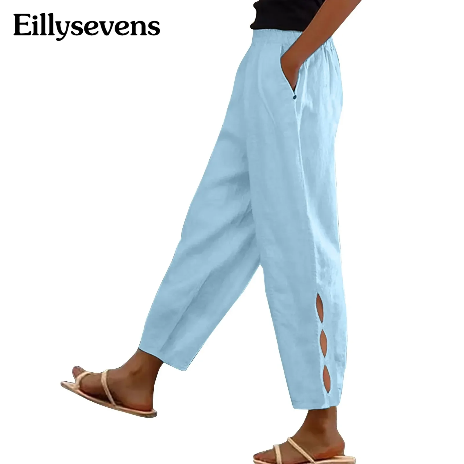 Fashion Cotton Linen Pants For Women Casual High Waist Pants Vintage Side Hollow Pants Wide Leg Trousers With Pockets