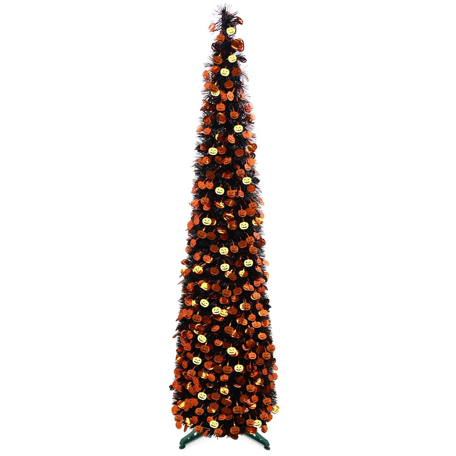 5Ft Halloween Pop Up Artificial Tree with Glitter Pumpkin Ornaments Orange Purple LED Lights No Battery Included Metal Foil Tree for Halloween Party Home Living Room Decor 1