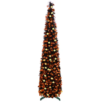 5Ft Halloween Pop Up Artificial Tree with Glitter Pumpkin Ornaments Orange Purple LED Lights No Battery Included Metal Foil Tree for Halloween Party Home Living Room Decor 1