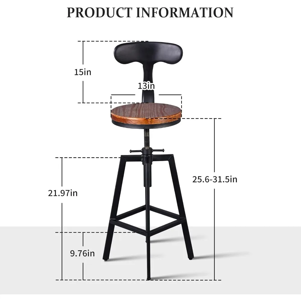 Taburetes de bar giratorios de estilo industrial con asientos de madera, altura ajustable de 25 a 32 pulgadas para comedor con isla de cocina