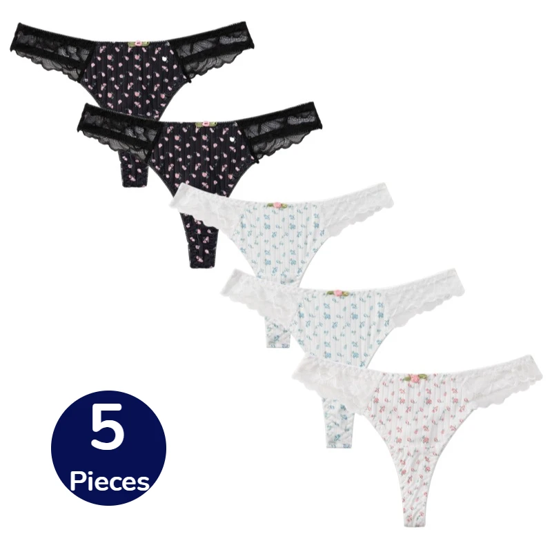 BZEL 5 Stück/Set Spitzen-Damenslips Süße Modische Tangas Sexy Dessous Weiche Damen-G-Strings Atmungsaktive Komfortable T-Backs im Angebot