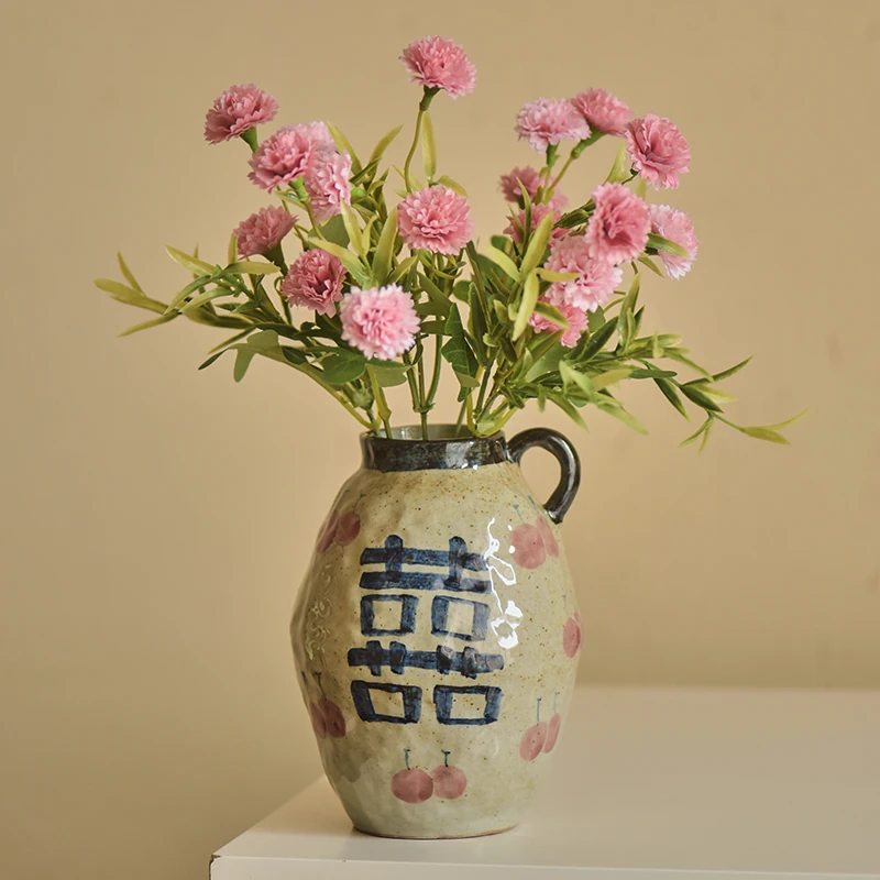 مزهرية سيراميك لتزيين غرفة المعيشة، مزهرية زهور كلاسيكية على شكل زهرة أذن واحدة مرسومة يدويًا بكلمات سعيدة، برطمان فخار عباد الشمس