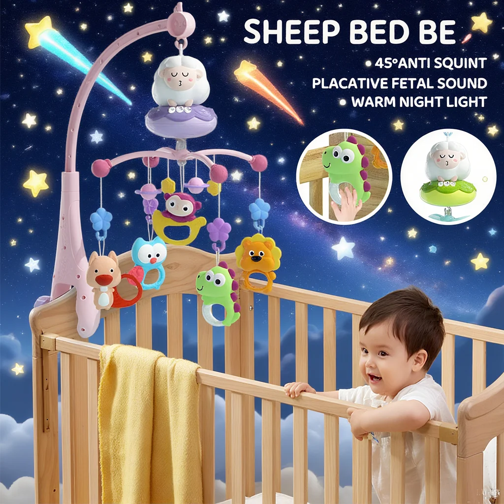 โมบายเด็กทรงแกะ พร้อมจี้รูปสัตว์การ์ตูนน่ารัก มีไฟและเสียงเพลง มีจำหน่ายในสีฟ้าและสีชมพู