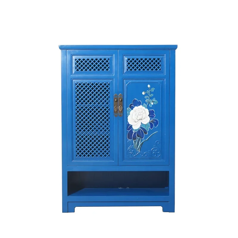 OGMNew Chinese Solid Wood Hand-painted Living Room Shoe Cabinet Retro Locker