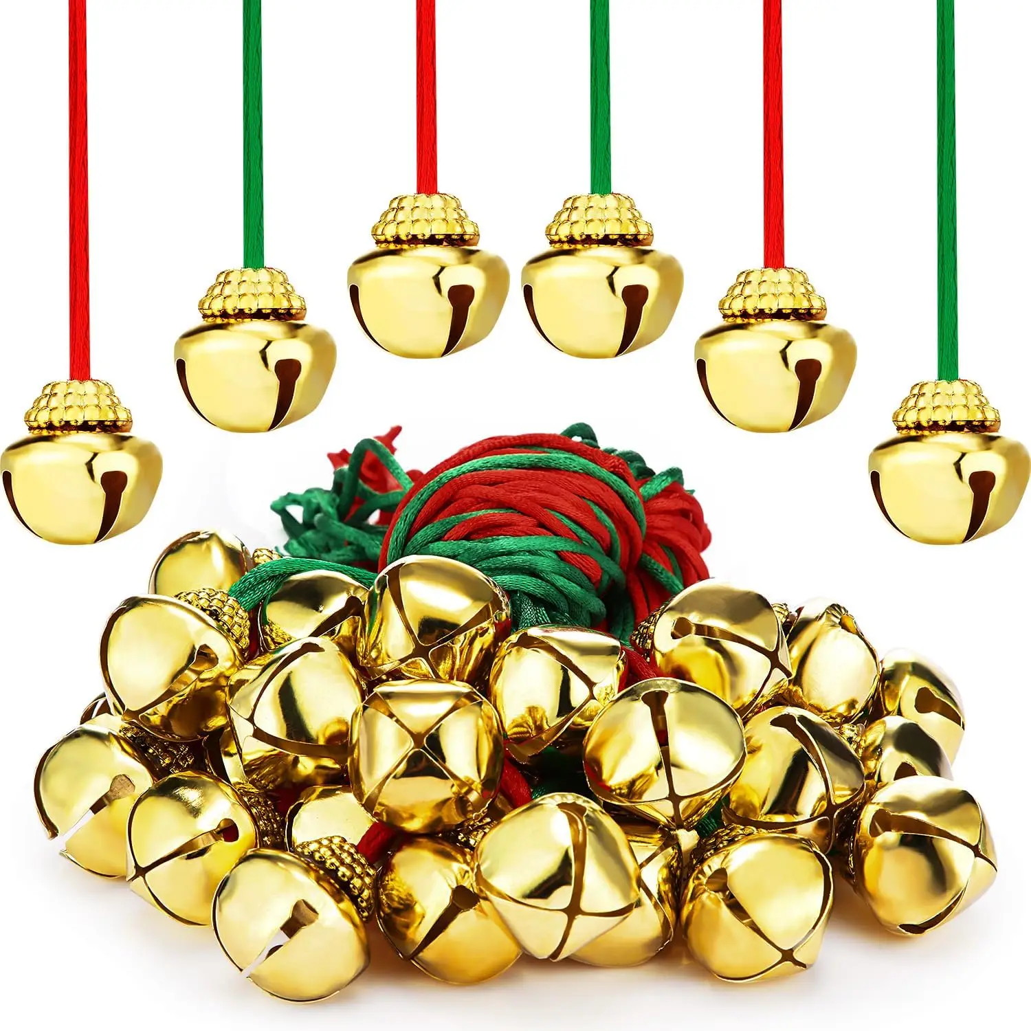 Jingle Bell Necklace Bulk Christmas Bell Necklace for Kid with Rope for Craft Holiday Party Supplies Christmas Hanging Decoration Xmas Accessories, Red and Green Cords