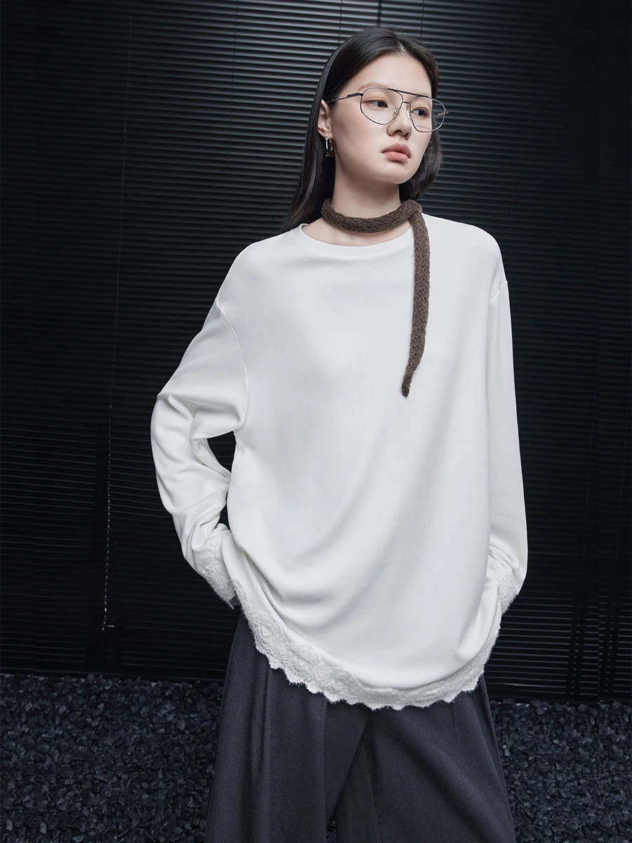 

Белая свободная футболка Fce Long Sve, женская футболка Lazy Sle Design, уникальный специальный хлопковый топ, удобный крой, круглый топ Ne