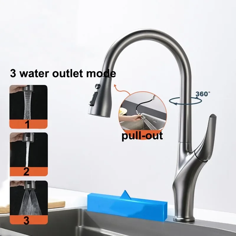 Brushed Grey Kitchen Faucet Pull-out Design Rotation Sink Hot And Cold Single Handle 3 Control Water Mixer Tap