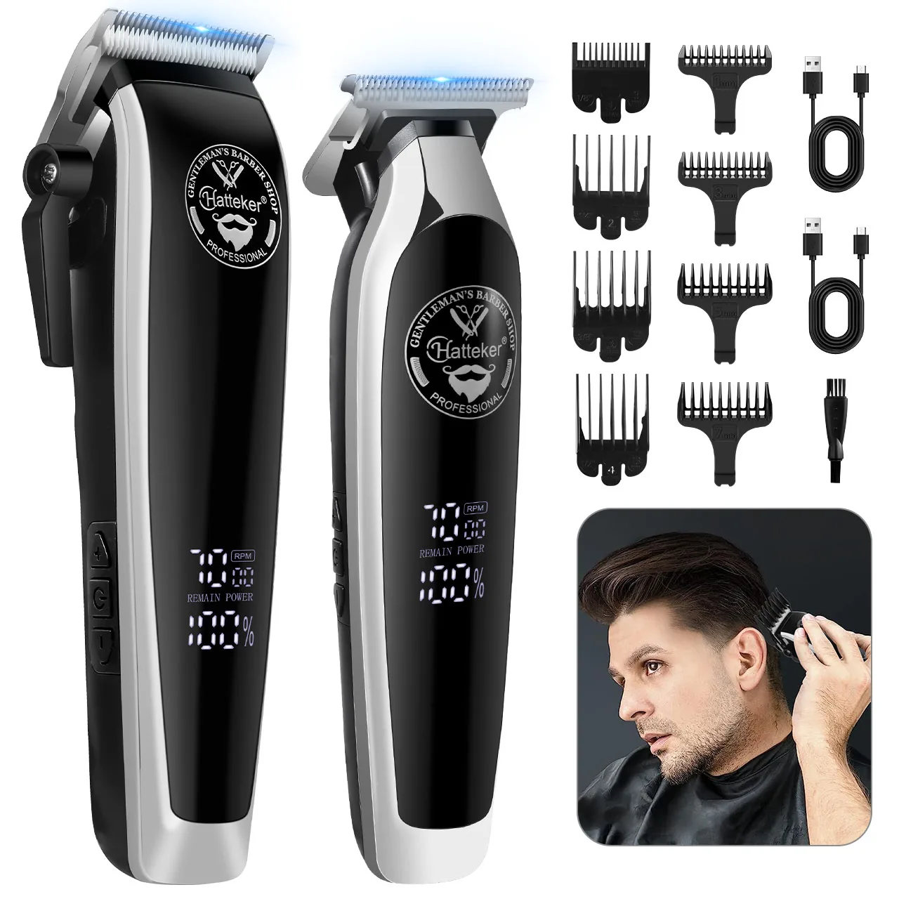 

HATTEKER Professional Hair Trimmer 4-Level Power Digital LCD Display for Men Head Sculpting Electric Clippers 2-pcs Set