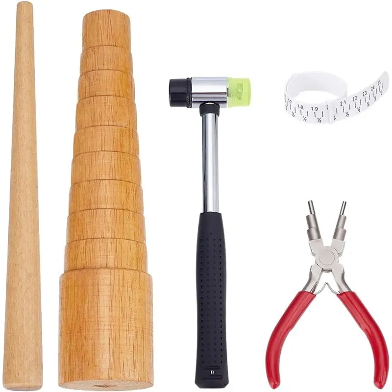 Herramienta para Hacer Anillos de Madera AC23-Pine, 5 Piezas, Mandril para Anillos de Madera, Martillo para Joyería, Alicates para Hacer Anillos, Medidor de Talla de Anillos, Palo Redondo de Madera