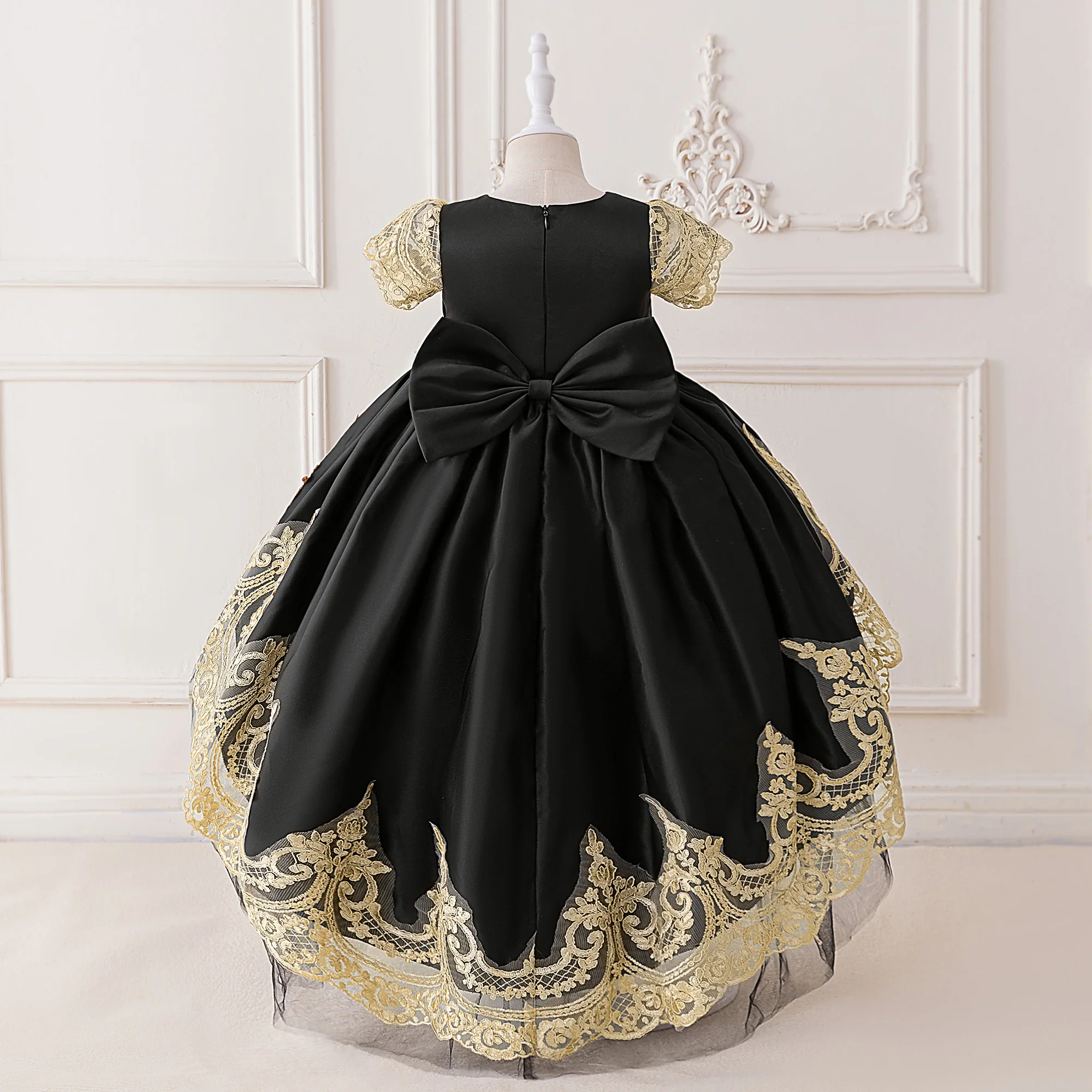 Elegant Embroidery Bow Girl Party Dress Trailing Lace Flower Bridesmaid Birthday Princess Prom Gown Kids Wedding Pageant Costume