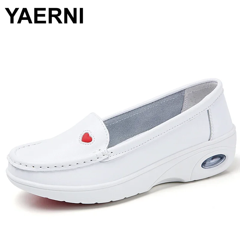 YAERNI Spring Women Nurse Flats Shoes genuine Leather Slip on Moccains Ladies round toe White Loafers  Women Sneakers Creepers