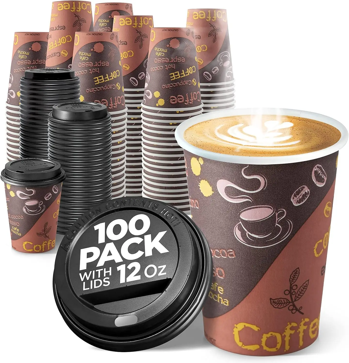 

Disposable Coffee Cups with Lids 12 oz (100 Pack) - To Go Paper for Hot & Cold Beverages, Coffee, Tea, Chocolate, Water,