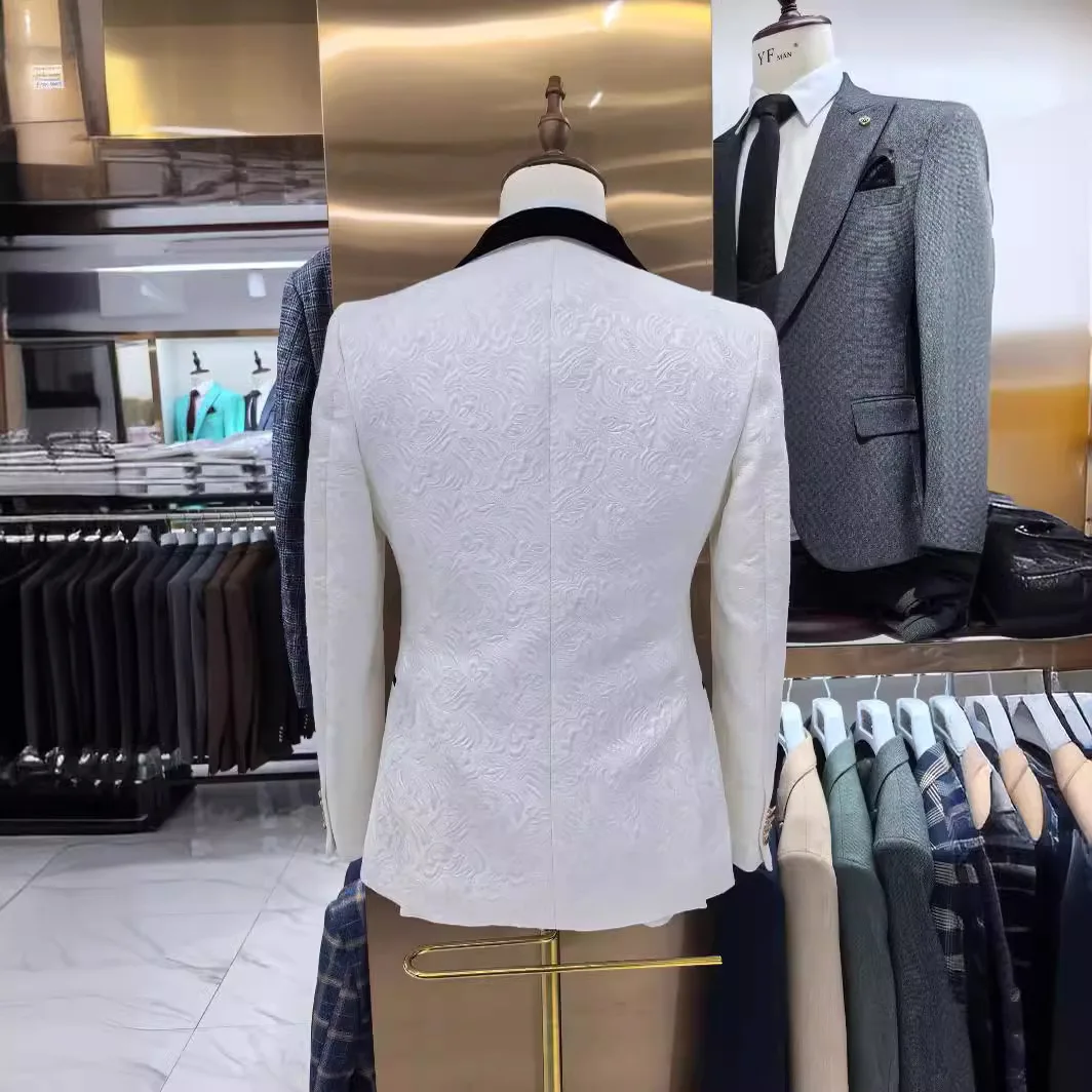 Thorndike Mens Wedding Suits White Jacquard with Black Satin Collar Tuxedo3 Pcs Groom Terno Suits for Men(Jacket+Vest+Pants) view 4