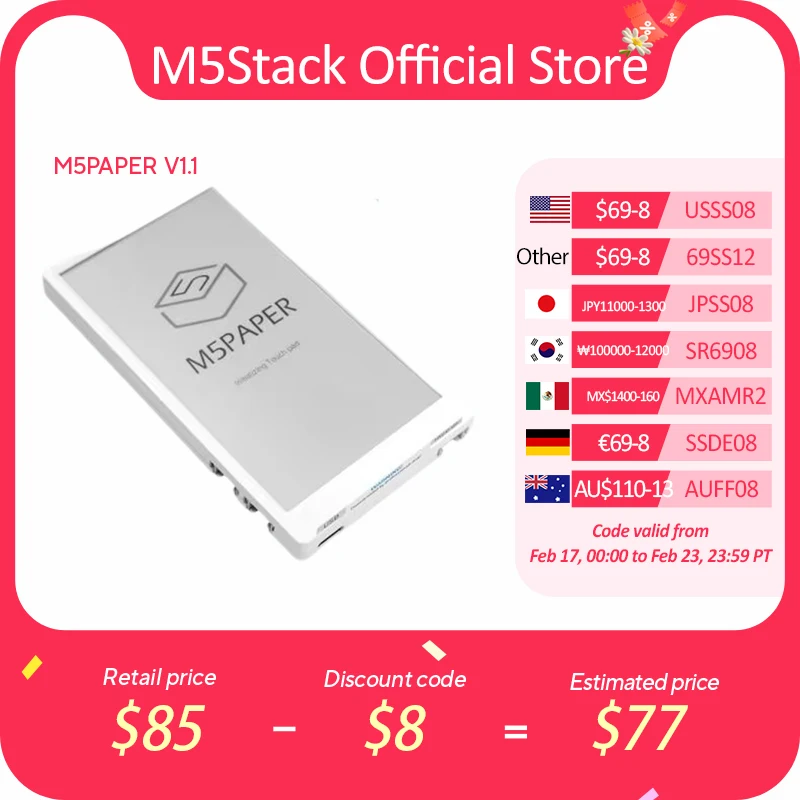 M5Stack officiële M5Paper ESP32 ontwikkelingskit V1.1 (960X540, 4,7" eInk-display, 235 ppi)