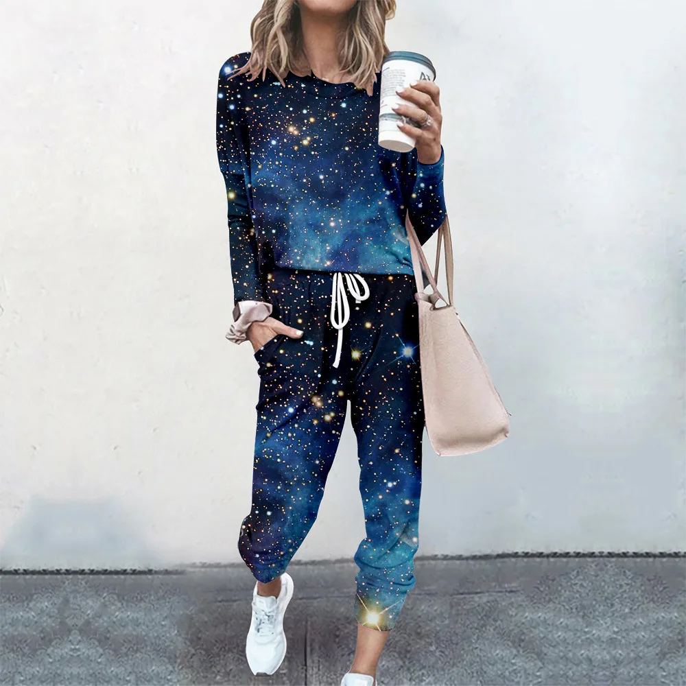 2 Pcs Women Tracksuit Autumn Sweatshirt Top Pants Suit Spring Casual Long Sleeve White Cute Cat Print Pullover Sports Outfits