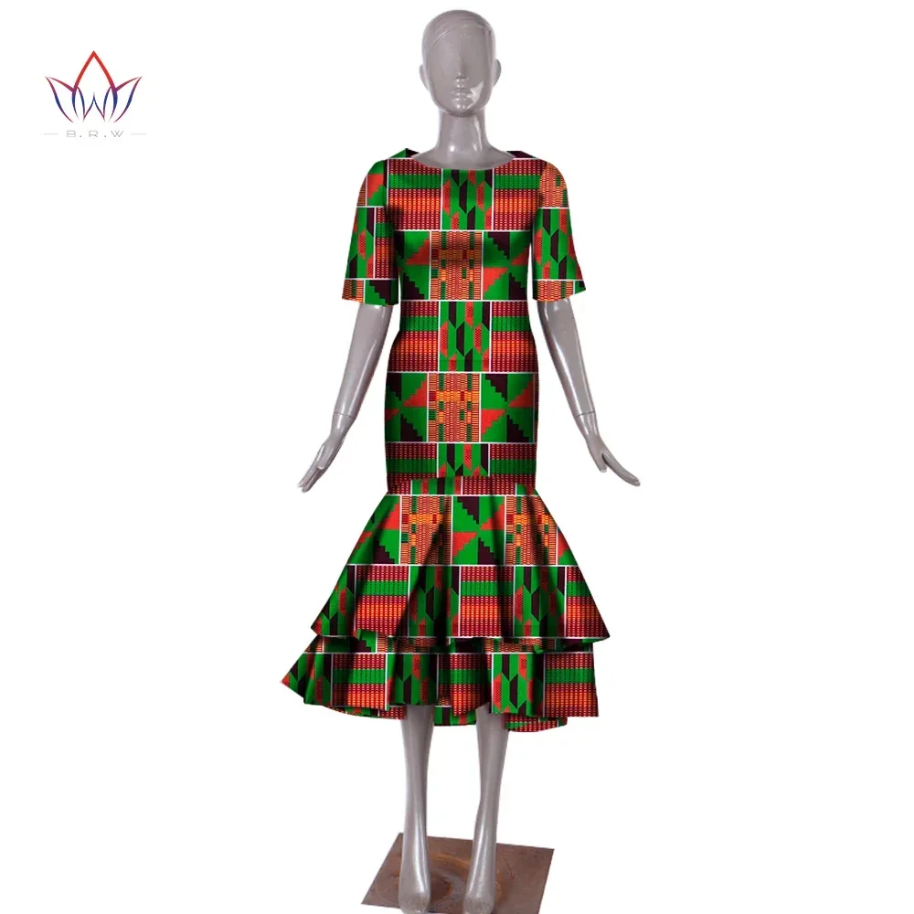 

BRW New African Dresses for Women Dashiki Elegant Slim Africa Clothes Bazin Riche Sheath Pleated Party Dress WY1027