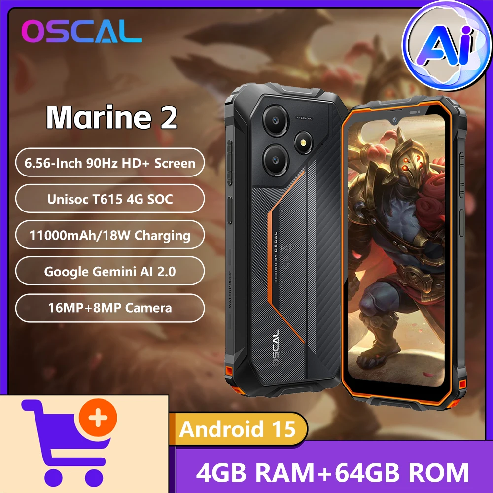 NEW OSCAL 마린 2 AI 러기드 폰 유니소크 T615 4G 11000mAh 배터리 18W 6.56인치 90Hz 화면 안드로이드 15