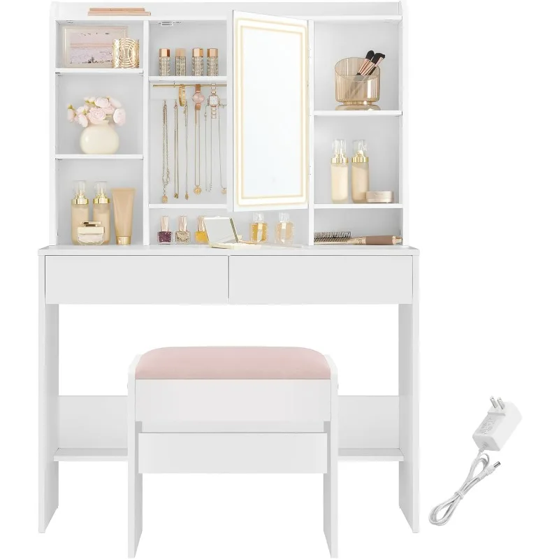 Vanity Desk with Mirror and Lights, Makeup Vanity with Upholstered Vanity Stool, Dimmable LED Lights, Adjustable Shelves