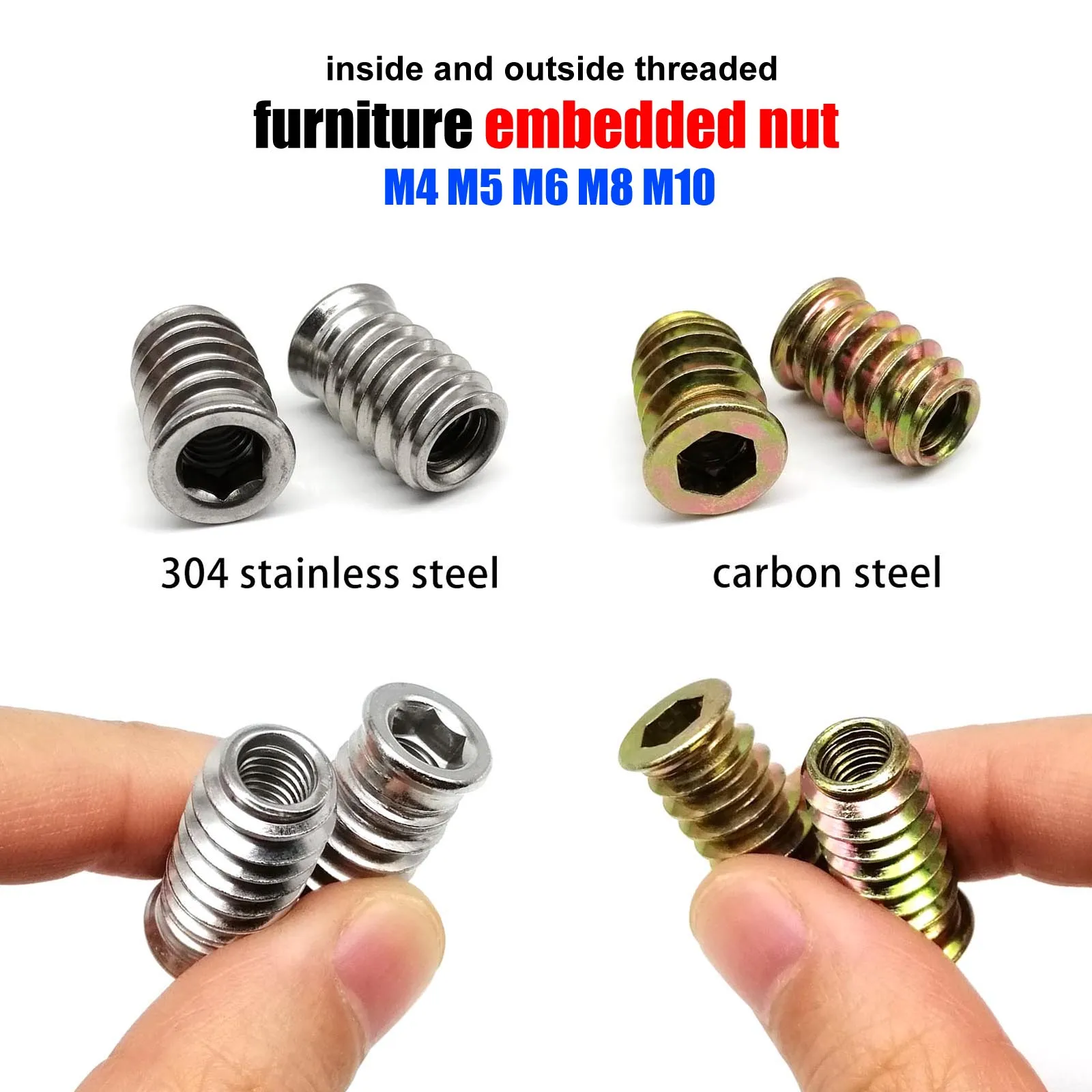 10pc M4 M5 M6 M8 M10 Hex Socket Thread Embedded Insert Nut E-Nut for Wood Bed Cabinet Furniture Carbon Steel 304 Stainless Steel