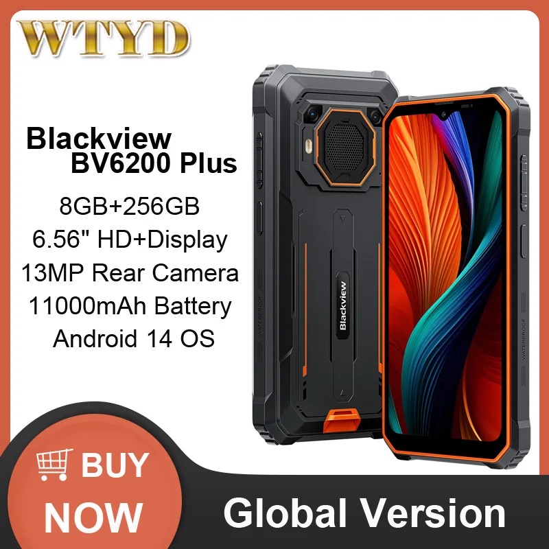 Blackview BV6200 Plus Rugged Phone 8GB+256GB 6.56'' HD+ Display Android 14 11000mAh Unisoc UMS9230 T606 4G NFC Smartphone