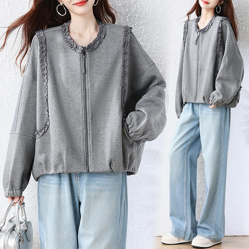 Gray Fungus Edge Zipper Cardigan Jacket for Women Loose Oversized Shoulder Down Long Sleeved Autumn New Casual Lace Top Coats