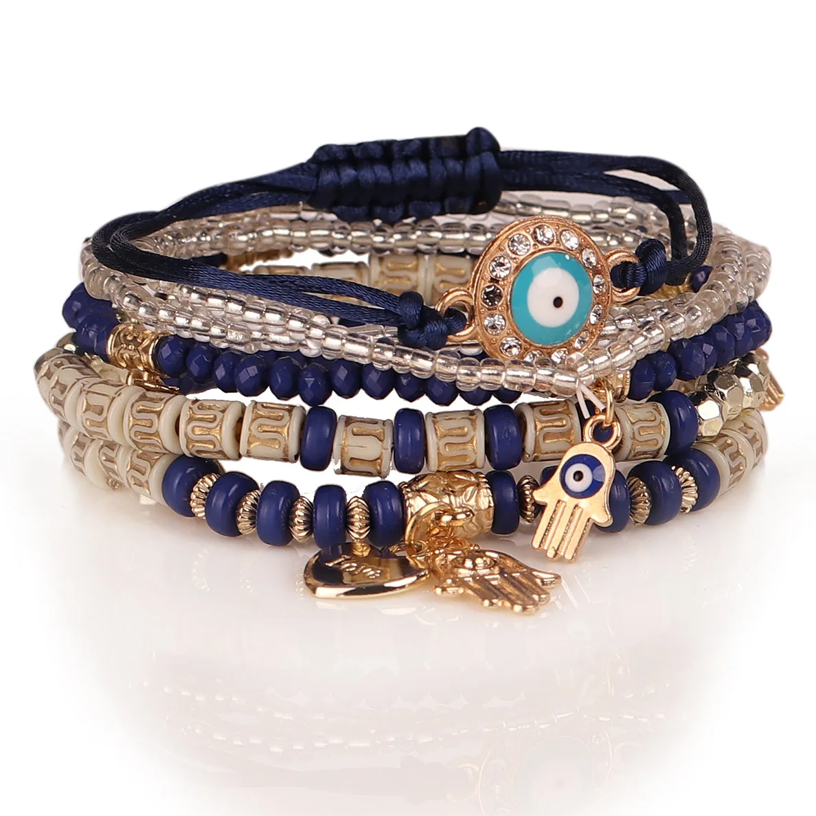 6-teiliges Set böhmisches Armband mit bösem Auge für Damen, Fatima-Hand, Herzanhänger, Perlenarmband, Kettengliederarmband, weiblicher Schmuck, Geschenk – Detail 8