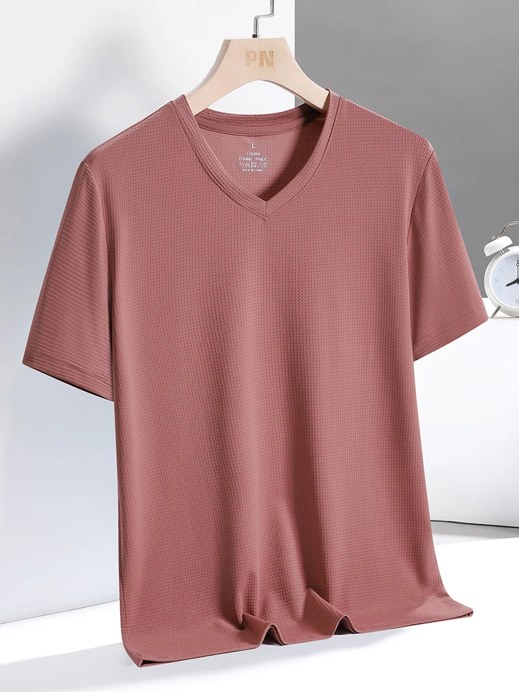 Big Size V-Neck T-Shirt Men L-6xl 7xl 8xl 9xl Summer New Ice Silk Short Sleeve Stretch T Shirts Men\'s Casual High Quality Tops