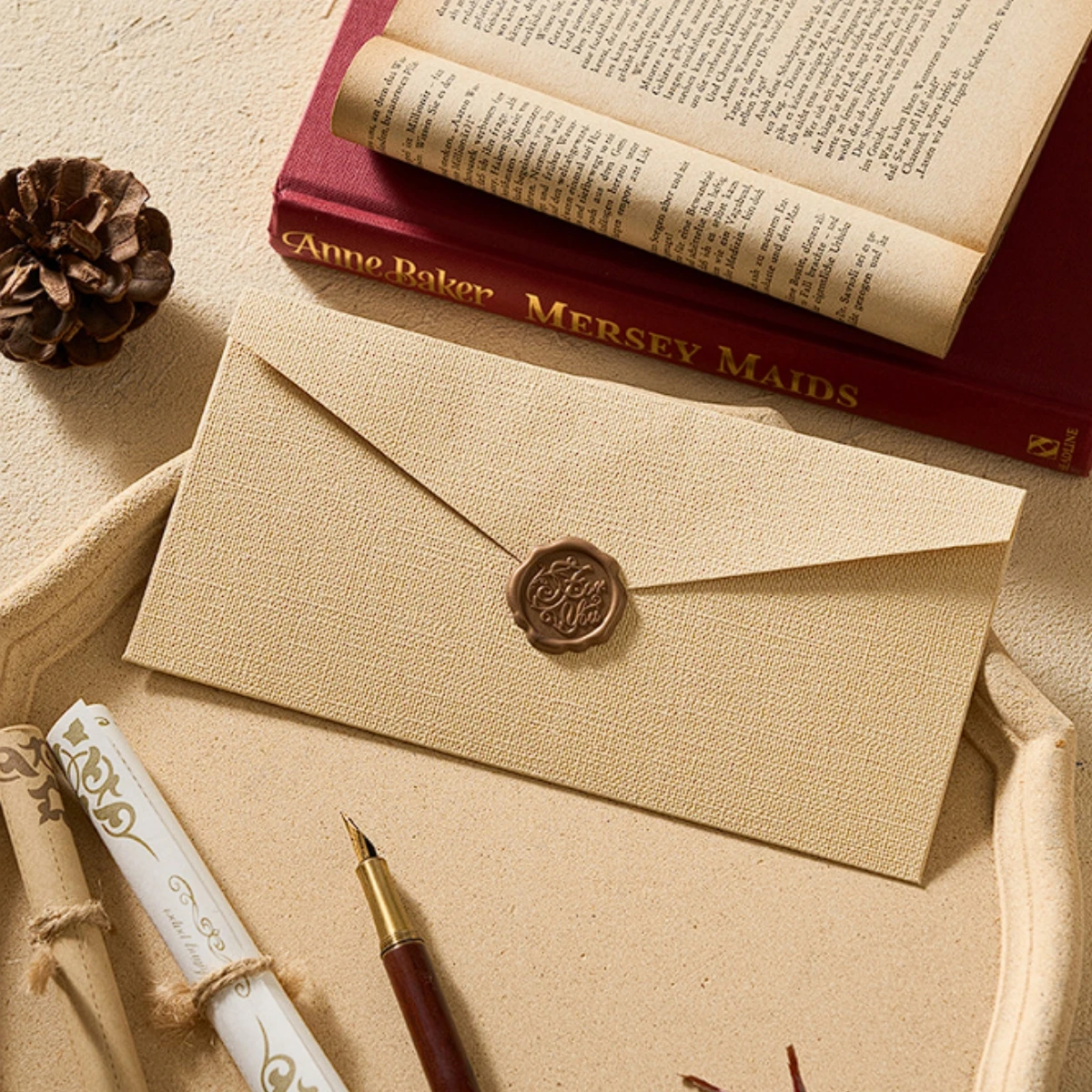 Vintage Linen Texture Envelopes with Wax Seal Set, 22x11cm DL Size Retro Letter Stationery for Wedding Invitation, Greeting Card