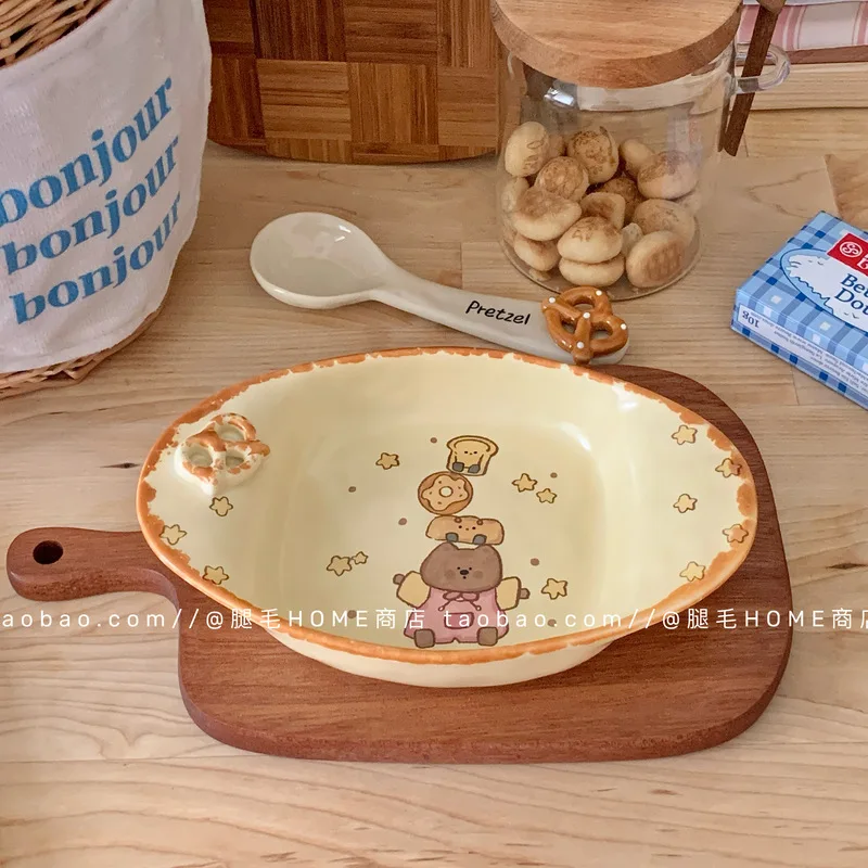 الكورية الرجعية كريم الكرتون الخبز الدب السيراميك طبق بيضاوي لطيف طبق المنزل الإفطار طبق تقديم الحلوى عيد ميلاد هدية عيد