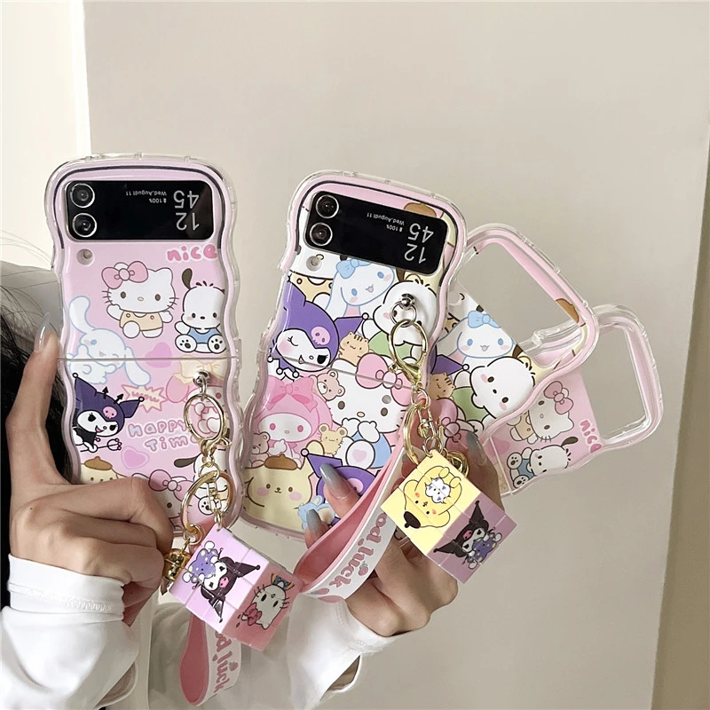 Wavy Phone Case For Samsung Galaxy Z Flip 4 5 3 Cute Kuromi Hello Kitty Cinnamoroll Sanrio Edge Back Cover