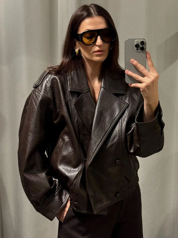 

HH Woman Fashion Winter Faux Fur Effect Lapel Long Sleeves Double Breasted Pocket Decoration Jackets Female Loose Casual Coat