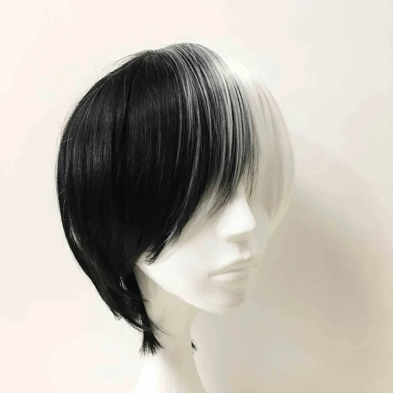 Unisex Black White Split Color Fringe Bangs Short Straight Cosplay Anime Wig