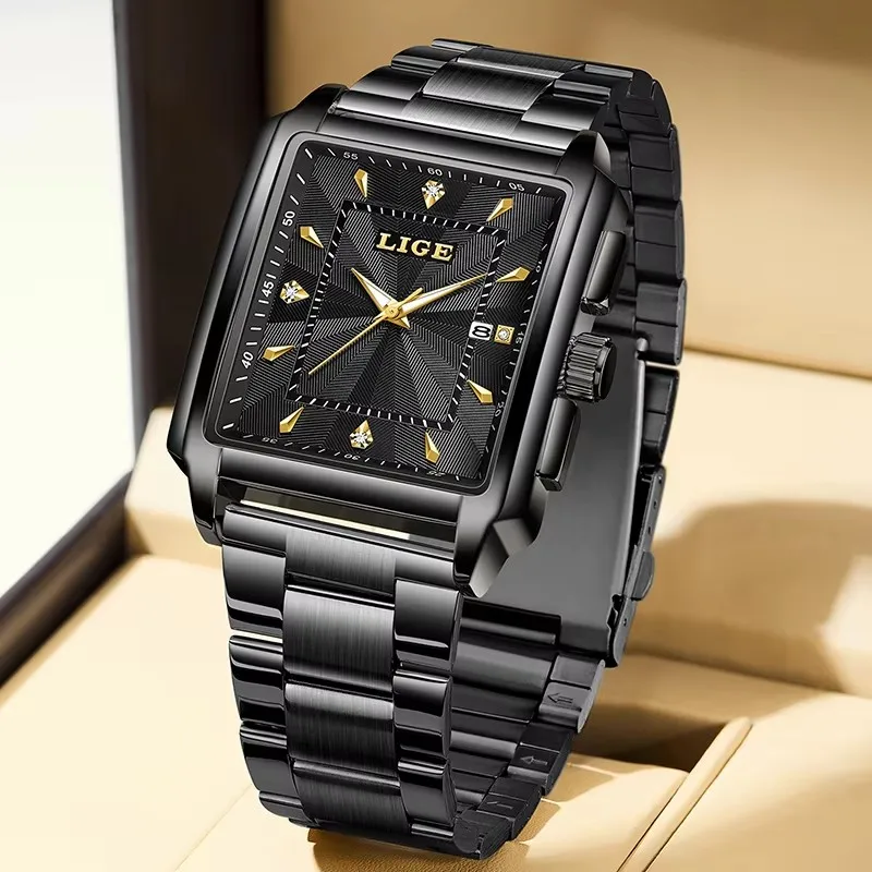LIGE 캐주얼 디자인 남성용 쿼츠 시계 패션 스테인레스 스틸 남성용 손목 시계 비즈니스 스퀘어 남성 시계 + 박스 미국에서 배송
