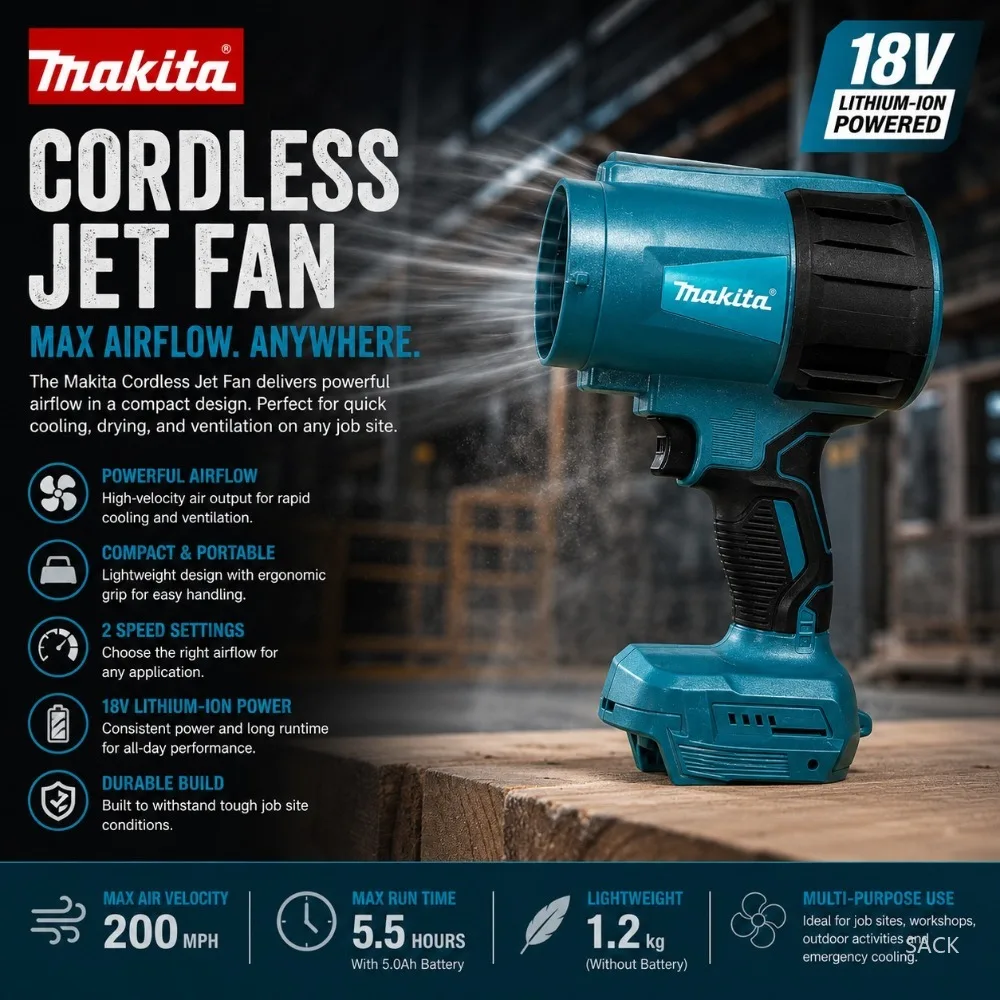 Makita 18V Cordless Turbo Jet Air Blower, 30000RPM High Speed Air Duster, Rechargeable Bare Tool for Car & Household Cleaning